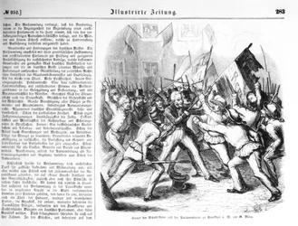 Kampf zwischen den Republikanern und den Parlamentsmitgliedern in Frankfurt am Main am 30. März 1848, Illustration aus 